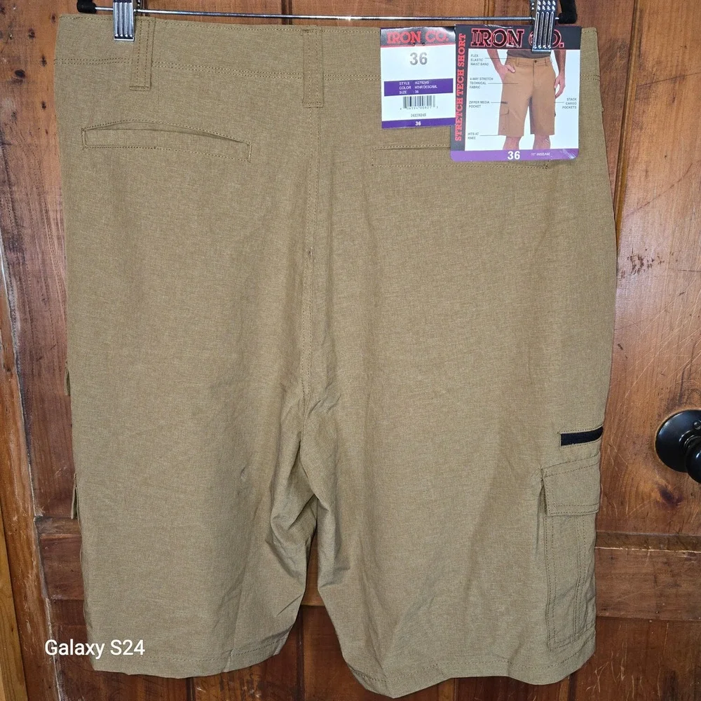 Iron Co Mens Stretch Tech Shorts Heather Desert Camel Cargo  ‎ I427924S